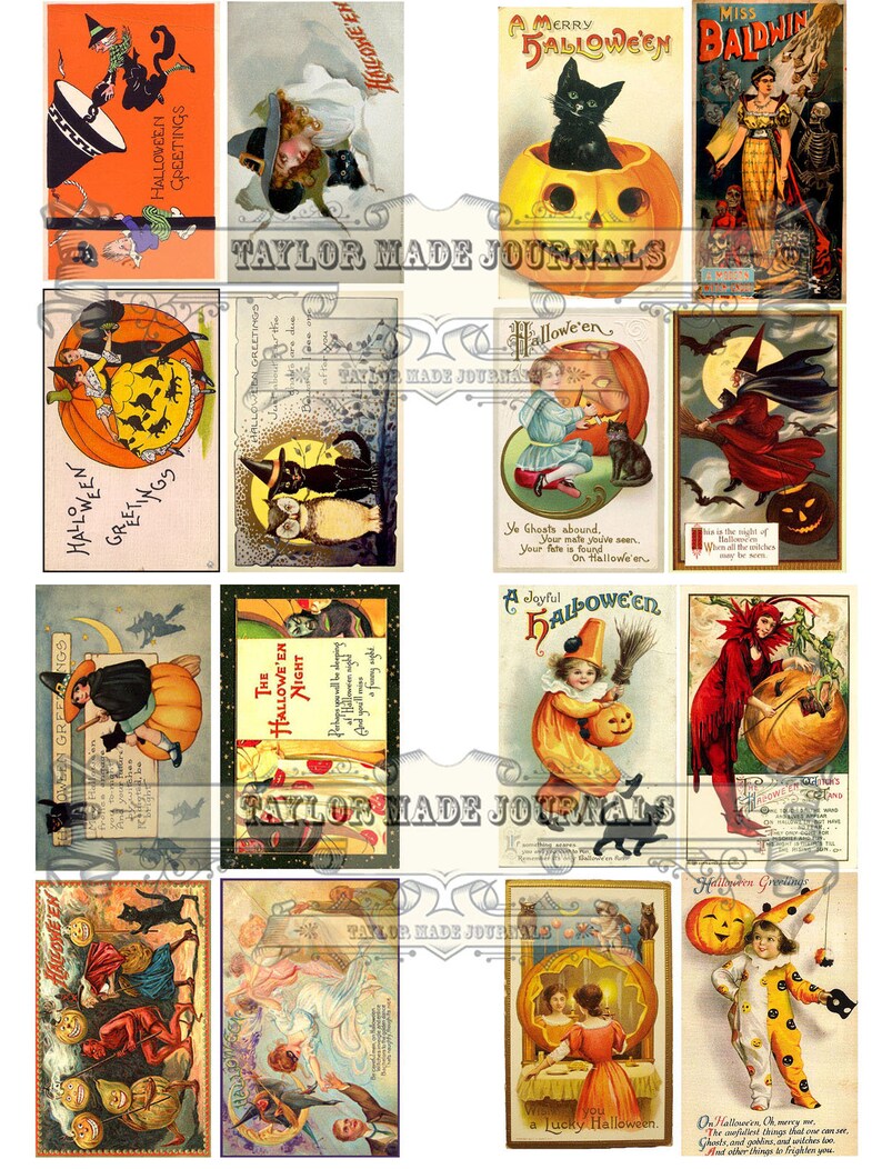 May include: A collection of vintage Halloween postcards featuring illustrations of witches, cats, pumpkins, and children in costumes. The postcards have a variety of colors and designs, including red, green, black, and white.