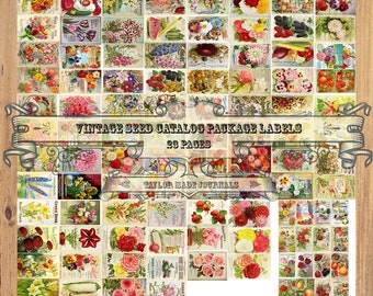 May include: A collage of 25 vintage seed catalog package labels featuring colorful floral illustrations. The labels are arranged in a grid pattern on a woodgrain background. The text "Vintage Seed Catalog Package Labels" and "25 Pages" is visible at the top of the collage. The text "Taylor Made Journals" is visible at the bottom of the collage.