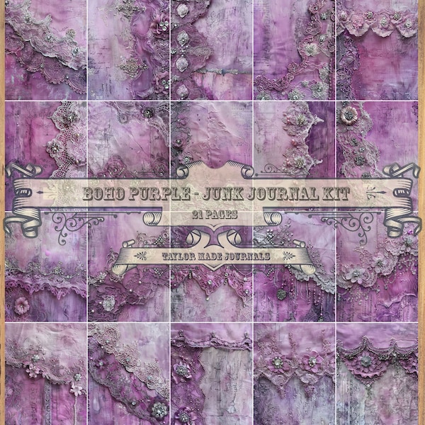 Boho Purple- 21 Full Size Pages, Lace Digital,Junk Journal Kit, Journal Kit, Lace Boho Digital Kit, Shabby Chic Digital kit