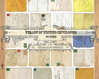 May include: A collage of 28 vintage envelopes with handwritten addresses and stamps. The envelopes are arranged in a grid pattern on a wooden background. The title "The Art of Writing (Envelopes)" and "28 Pages" are displayed at the top of the image. The text "Taylor Made Journals" is displayed at the bottom of the image.