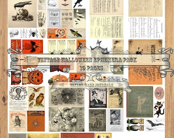 Könnte beinhalten: Ein digitales Collage-Blatt mit 19 Seiten Vintage-Halloween-Ephemera. Die Bilder beinhalten Illustrationen von Eulen, Fledermäusen, Skeletten, Hexen, Kürbissen und anderen Halloween-Bildern. Der Text auf dem Blatt enthält die Wörter "Vintage Halloween Ephemera Pack", "19 Pages", "Taylor Made Journals", "The Owls Serenade", "Whirlo", "Witches Dance", "The Witch of the Juniper Walk", "And Other Fairy Tales", "The First Witch Halloween", "Spectropia", "Ghosts", "und "Walsh".
