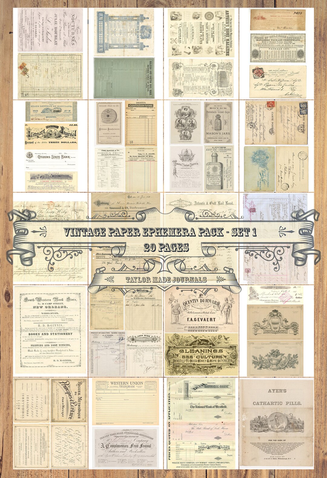 Vintage Paper Ephemera , SET 1 -20 Page, Junk Journal Kit, Digital Junk ...