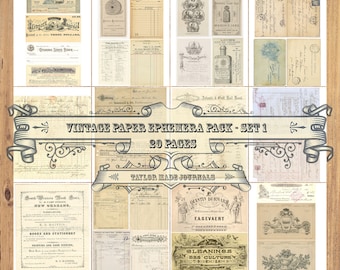 Vintage Paper Ephemera , SET 1 -20 Page, Junk Journal Kit, Digital Junk Journal Kit, Collage Paper, Digital Kit, Junk Journal Ephemera
