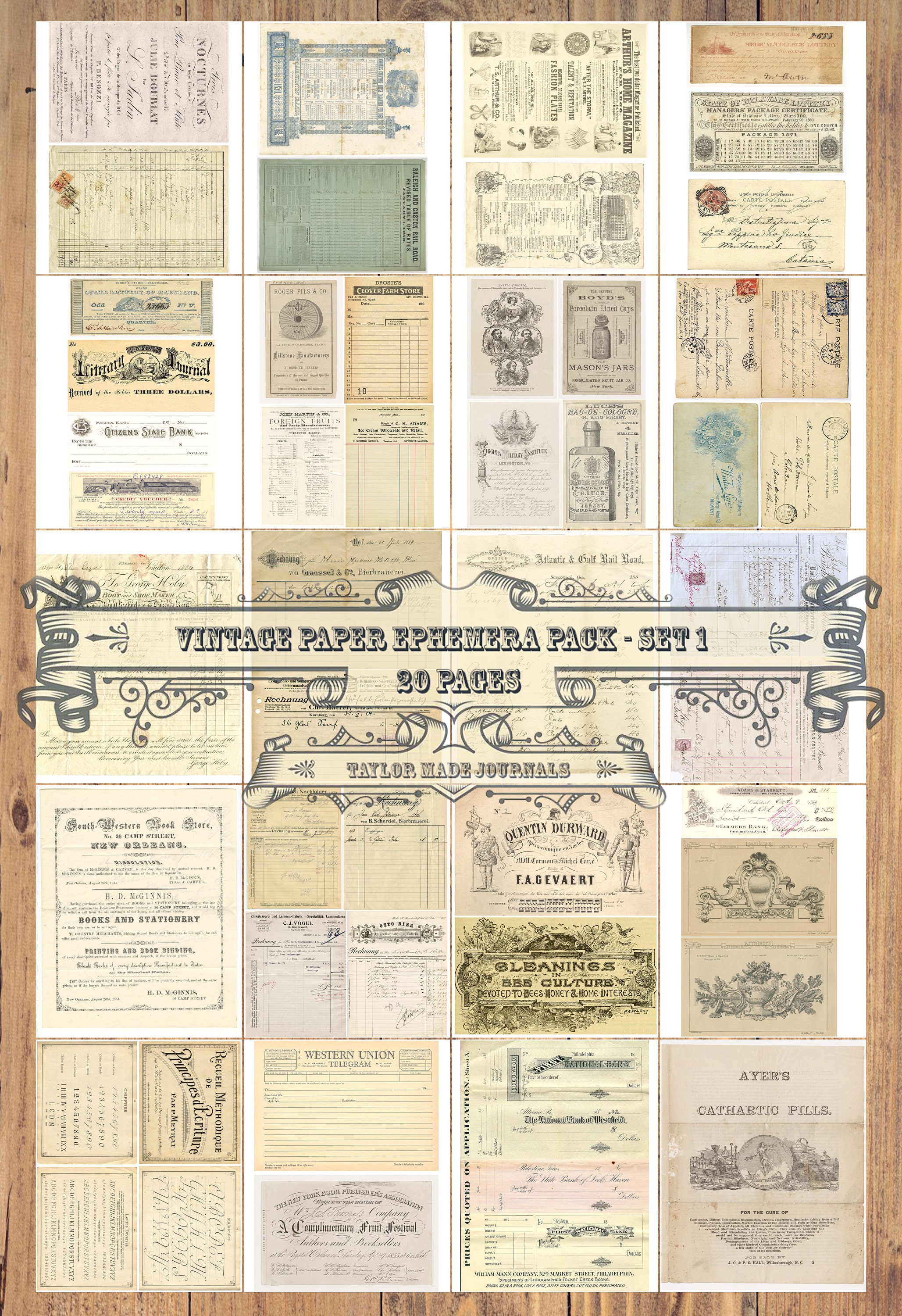 Vintage Paper Ephemera , SET 1 -20 Page, Junk Journal Kit, Digital Junk ...