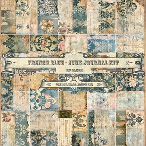 Azul francés, 37 páginas de tamaño completo, diario basura digital, kit de diario, kit digital de encaje Shabby Chic, Shabby Chic Digital
