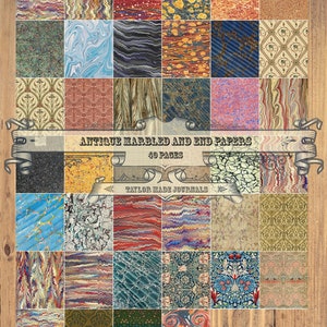 May include: A collection of 40 antique marbled and end papers for use in journals. The papers feature a variety of colours and patterns, including swirls, stripes, and floral designs. The papers are arranged in a grid pattern on a wooden background.