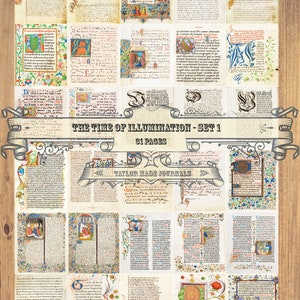 May include: A collage of 31 pages from an antique book featuring illuminated manuscripts. The pages are filled with intricate illustrations and text in a variety of colors, including gold, red, blue, and green. The title "The Time of Illumination - Set 1" is displayed at the top of the collage.