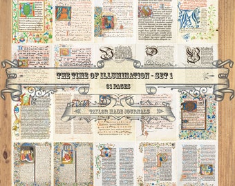 Peut inclure: Un collage de 31 pages d'un livre antique présentant des manuscrits enluminés. Les pages sont remplies d'illustrations et de textes complexes dans une variété de couleurs, notamment l'or, le rouge, le bleu et le vert. Le titre "The Time of Illumination - Set 1" est affiché en haut du collage.