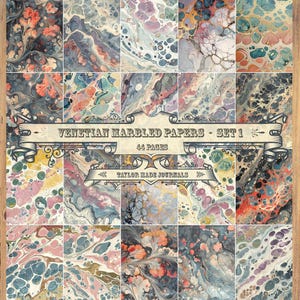 May include: A set of 44 digital papers featuring Venetian marbled designs in a variety of colors, including blue, green, red, and yellow. The papers are perfect for scrapbooking, card making, and other craft projects. "Venetian Marbled Papers - Set 1" and "Taylor Made Journals" are printed on the papers.