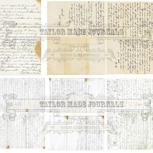 Puede incluir: Un collage de nueve texturas de papel vintage con texto escrito a mano y las palabras "TAYLOR MADE JOURNALS" repetidas en toda la imagen.