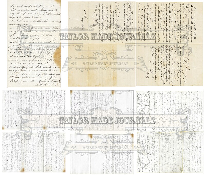 Puede incluir: Un collage de nueve texturas de papel vintage con texto escrito a mano y las palabras "TAYLOR MADE JOURNALS" repetidas en toda la imagen.