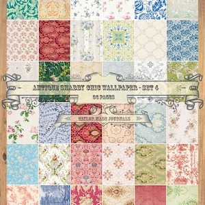 Shabby Chic Wallpaper, SET 4-36 Pages, Digital, Junk Journal Kit, Vintage Wallpaper Samples ,Wallpaper