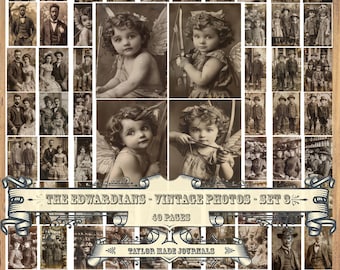 May include: A collage of vintage photographs featuring children and families in Edwardian clothing. The images are in black and white and have a nostalgic feel. The title "The Edwardians - Vintage Photos - Set 3" and "40 Pages" are displayed on a banner at the top of the collage. The text "Taylor Made Journals" is displayed at the bottom of the collage.