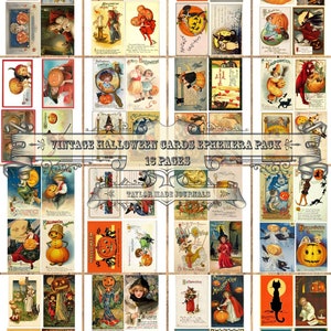 May include: A digital collage sheet of 16 vintage Halloween postcards featuring images of pumpkins, witches, cats, and children. The title "Vintage Halloween Cards Ephemera Pack 16 Pages" is at the top of the sheet. The text "Taylor Made Journals" is at the bottom of the sheet.