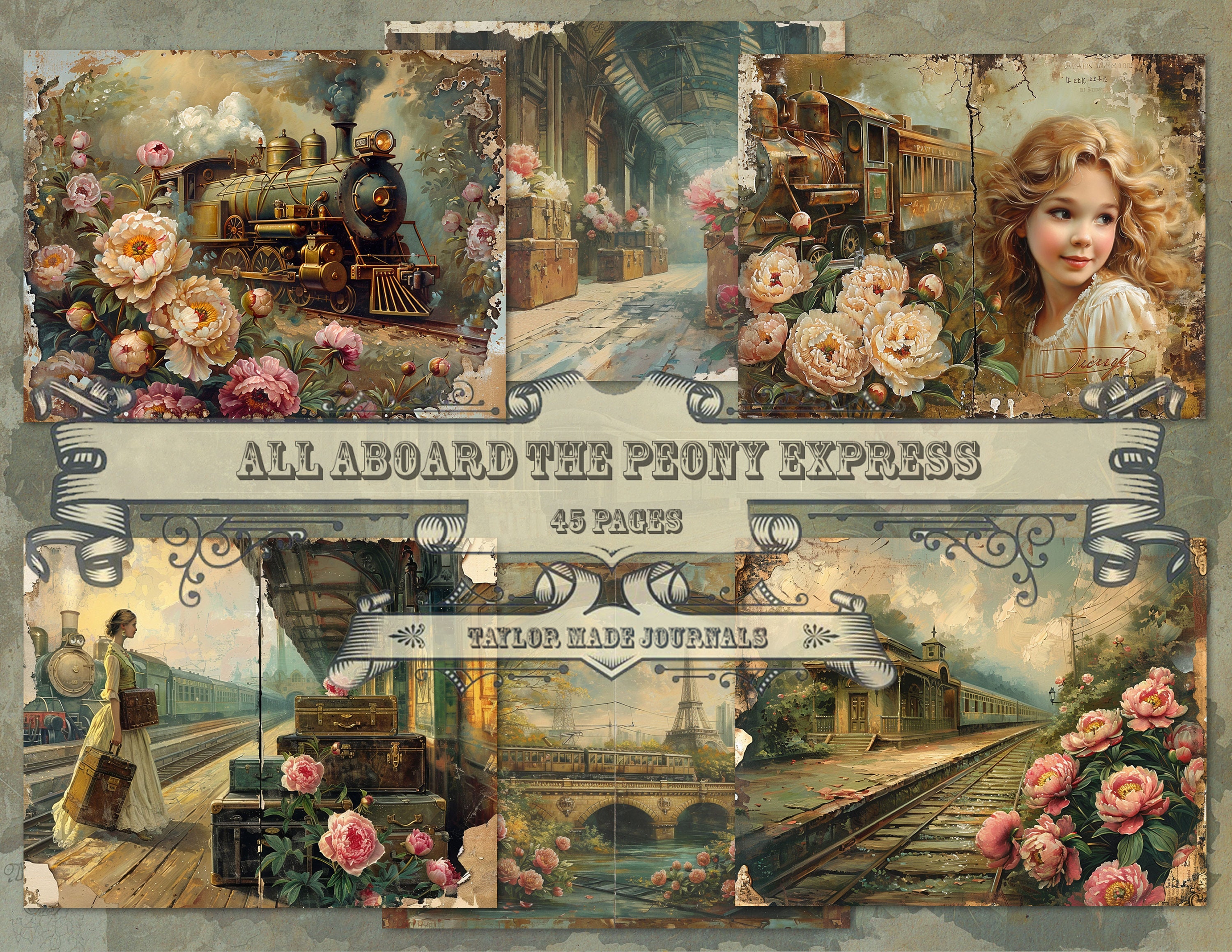 All Aboard The Peony Express, Junk Journal Kit, 45 Pages, Train Journal Kit, Travel Digital Kit, Botanical Digital Kit, Digital Kit, Peonies