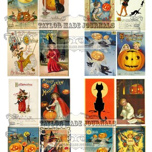 May include: A vintage collage of Halloween postcards featuring images of witches, cats, pumpkins, and children. The postcards have various designs and colors, including orange, black, and green. The text on the postcards includes greetings, rhymes, and sayings related to Halloween.