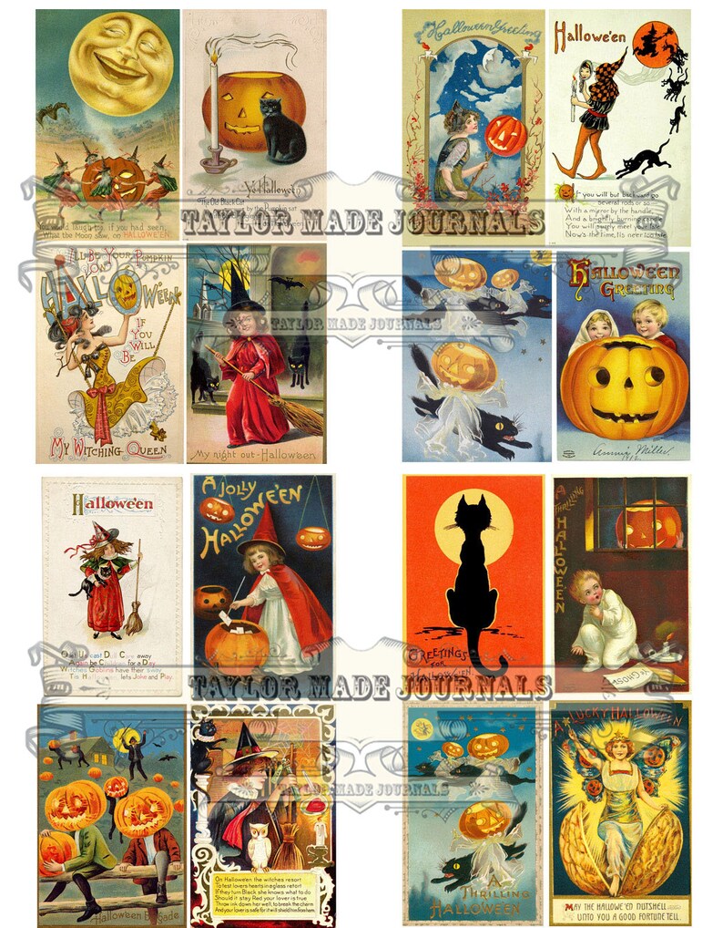 May include: A vintage collage of Halloween postcards featuring images of witches, cats, pumpkins, and children. The postcards have various designs and colors, including orange, black, and green. The text on the postcards includes greetings, rhymes, and sayings related to Halloween.