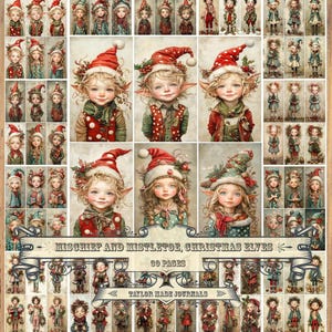 May include: A digital collage sheet featuring 90 images of Christmas elves with red and green clothing. The images are arranged in a grid pattern and include the text "Mischief and Mistletoe, Christmas Elves" and "Taylor Made Journals".