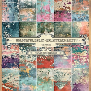 May include: A digital paper pack with 45 pages of colorful, abstract, grunge-style textures. The textures feature a variety of colors, including pink, blue, green, and red, and are reminiscent of splattered paint on weathered wood. The title "Colorful Decay - Splattered Paint" is displayed in a vintage-style font.