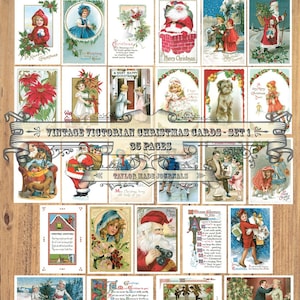 May include: A collection of 35 vintage Victorian Christmas cards featuring images of children, angels, Santa Claus, and winter scenes. The cards are printed on white paper with colorful illustrations and text. The cards are arranged in a grid pattern on a wooden background.