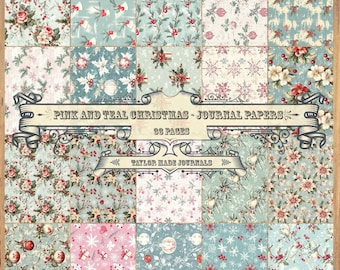 May include: A set of 12 digital papers featuring a pink and teal Christmas theme. The papers feature various patterns including floral, snowflakes, ornaments, and holly.