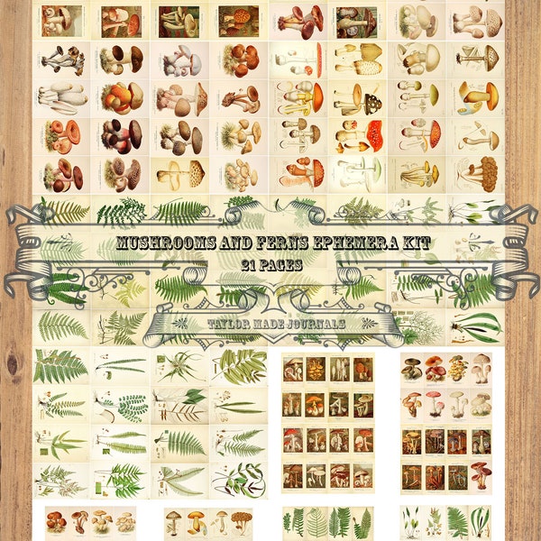 Mushrooms & Ferns Botanical -21 Page, junk Journal Kit,  Digital Journal Kit, Mushrooms Ephemera, Mushrooms Printable, Ferns Printable