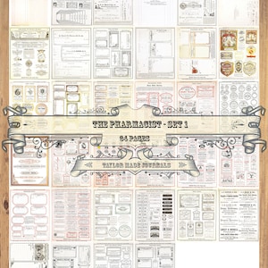 Könnte beinhalten: Ein Vintage-Set mit 34 druckbaren Seiten für Apotheker. Die Seiten zeigen verschiedene Etiketten, Designs und Texte, darunter "The Pharmacist - Set 1" und "Taylor Made Journals".