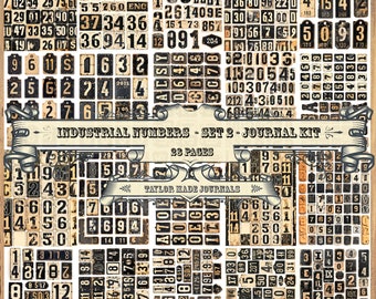 May include: A sheet of vintage-style industrial numbers and letters printed on paper. The numbers and letters are in black and white with a distressed, worn look. The sheet is titled "Industrial Numbers - Set 2 - Journal Kit" and includes 26 pages.