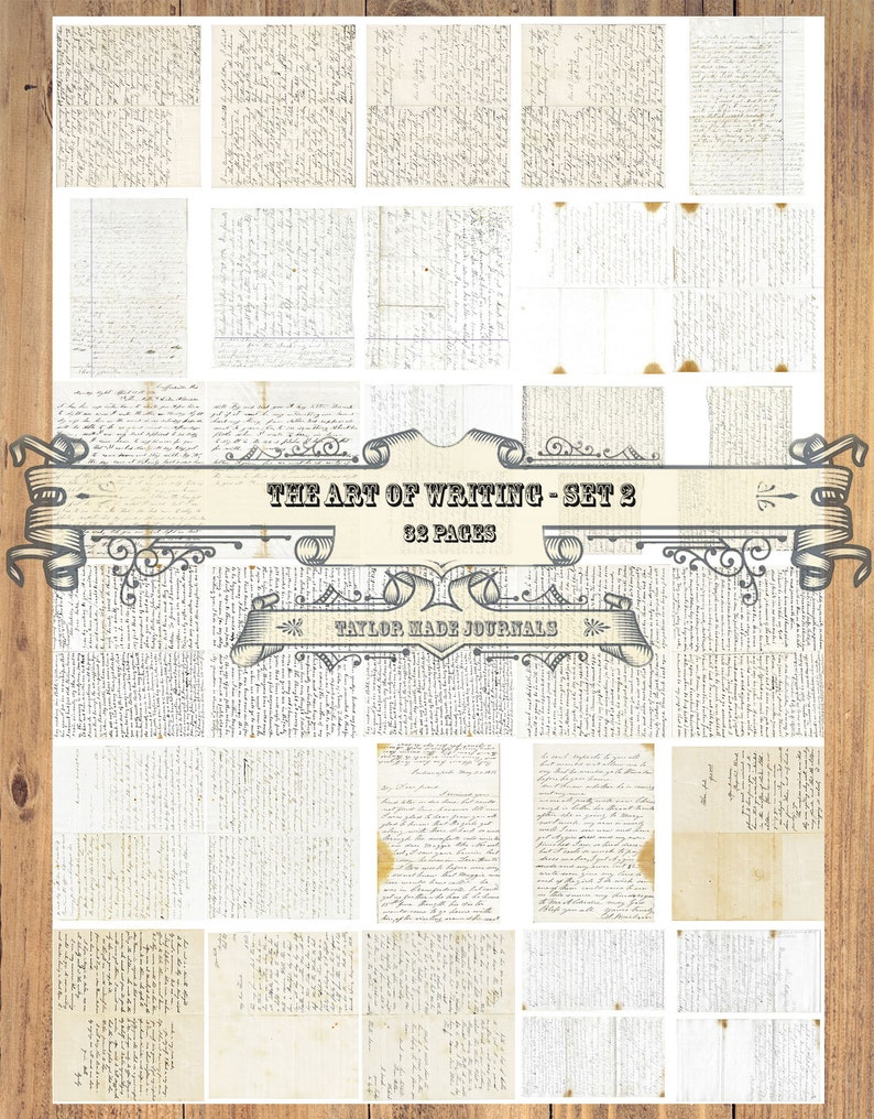 Puede incluir: Un conjunto de 62 p&aacute;ginas de diario de estilo vintage con texto escrito a mano. Las p&aacute;ginas est&aacute;n dispuestas en una cuadr&iacute;cula sobre un fondo de madera. El t&iacute;tulo "The Art of Writing - Set 3" se muestra en una pancarta decorativa en la parte superior de la imagen. El texto "Taylor Made Journals" se muestra en una pancarta decorativa en la parte inferior de la imagen.
