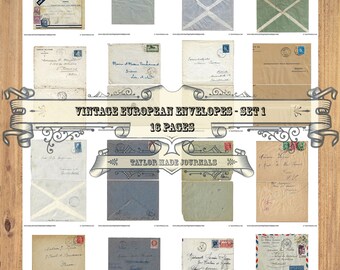 European Envelopes, SET 1 -16 Page, Junk Journal Kit, Collage Paper, Printable Ephemera, Vintage, Ephemera Kit