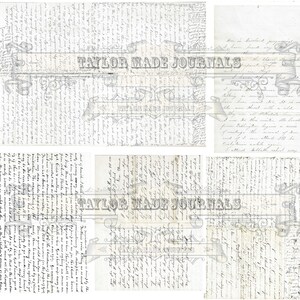 May include: A collection of six vintage journal pages with handwritten text in black ink on a white background. The pages are slightly yellowed and have a distressed look. The text is mostly illegible, but some words and phrases are visible, such as "Taylor Made Journals".