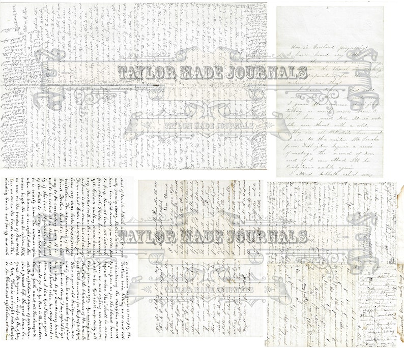 May include: A collection of six vintage journal pages with handwritten text in black ink on a white background. The pages are slightly yellowed and have a distressed look. The text is mostly illegible, but some words and phrases are visible, such as "Taylor Made Journals".