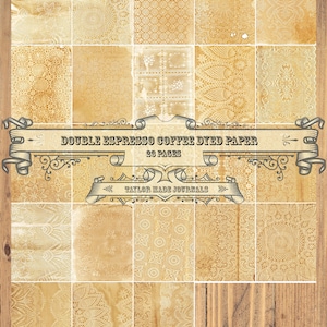 May include: A sheet of 28 double espresso coffee dyed paper with a lace pattern. The paper is a light brown color with a vintage look. The paper is perfect for scrapbooking, card making, and other paper crafts.