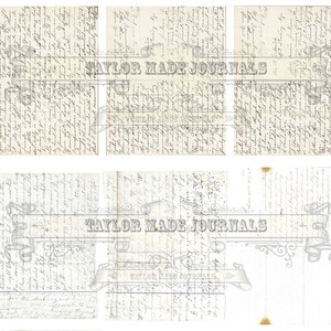 Puede incluir: Seis p&aacute;ginas vintage de texto escrito a mano en tinta negra sobre papel blanco. Las p&aacute;ginas est&aacute;n ligeramente amarillentas y tienen un aspecto desgastado. El texto es ilegible, pero las p&aacute;ginas son perfectas para scrapbooking, diarios o cualquier otro proyecto de manualidades.