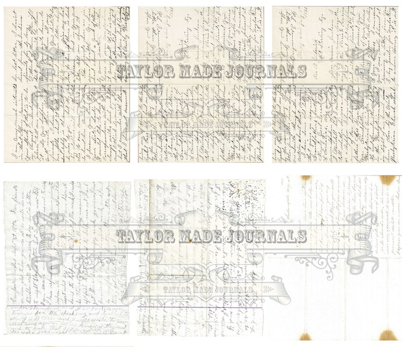 Puede incluir: Seis p&aacute;ginas vintage de texto escrito a mano en tinta negra sobre papel blanco. Las p&aacute;ginas est&aacute;n ligeramente amarillentas y tienen un aspecto desgastado. El texto es ilegible, pero las p&aacute;ginas son perfectas para scrapbooking, diarios o cualquier otro proyecto de manualidades.