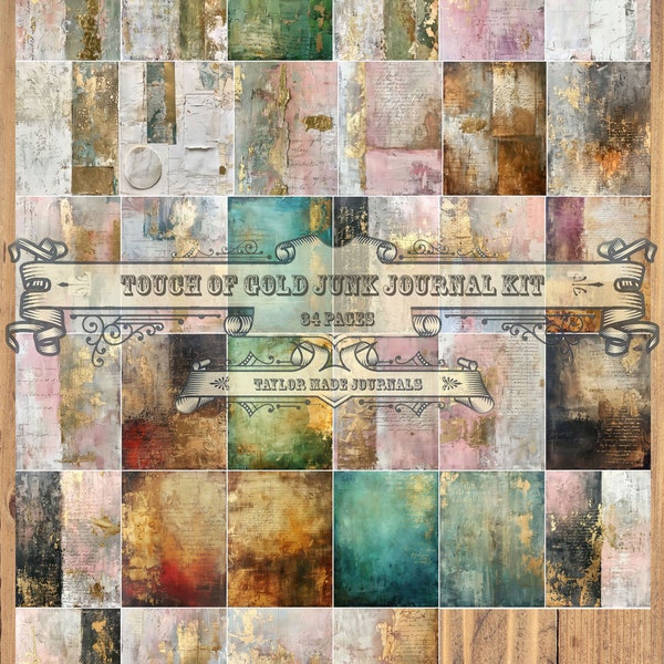 A Touch of Gold, Grungy Paper, Junk Journal Kit -34 Pages, Digital Download Kit, Junk Journal Digital Kit, Digital Kit, Collage Paper