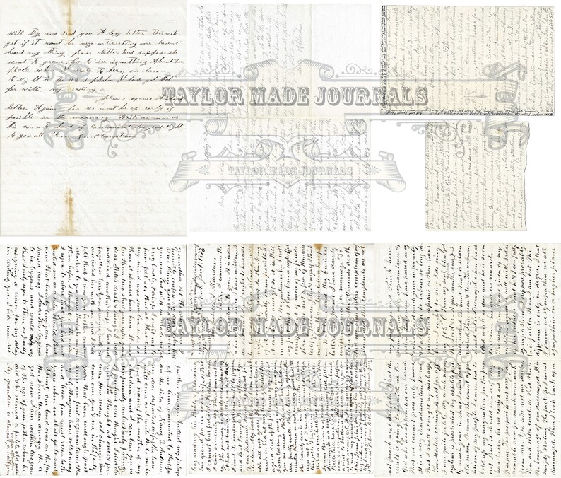 Puede incluir: Un primer plano de una carta manuscrita con tinta descolorida en papel envejecido. La carta est&aacute; escrita en letra cursiva e incluye el texto "TAYLOR MADE JOURNALS".