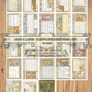 Lords & Ladies 1883 Illustrated Music Book, SET 1 -23 Page, Digital, Junk Journal Kit, Printable Music Paper, Music