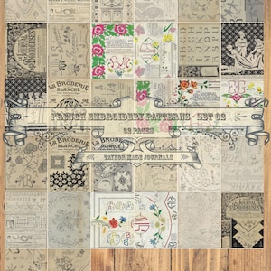 Modelli di ricamo francesi, Set 2 - 32 pagine,Kit diario spazzatura,Kit diario da cucito,Effimera da cucito,Kit diario spazzatura digitale