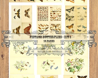 Butterflies, SET 1 -13 Page, Digital, Junk Journal Kit, Printable Butterflies, Butterflies Ephemera, Butterfly Digital