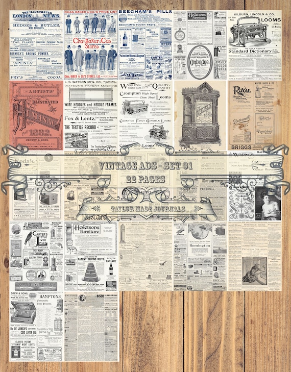 Vintage Ad's Ephemera,Junk Journal Printable SET 1-22 Page, Digital Junk Journal Kit, Collage Paper, Digital Kit,Junk Journal Ephemera Kit