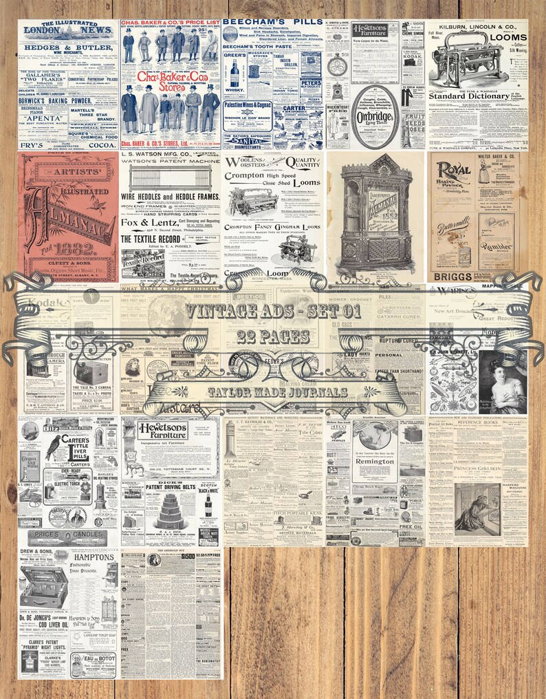 May include: A collage of vintage advertisements from the late 1800s and early 1900s. The ads feature products such as baking powder, medicine, looms, and furniture. The ads are printed on newsprint and have a yellowed, aged appearance. The collage is set against a woodgrain background.