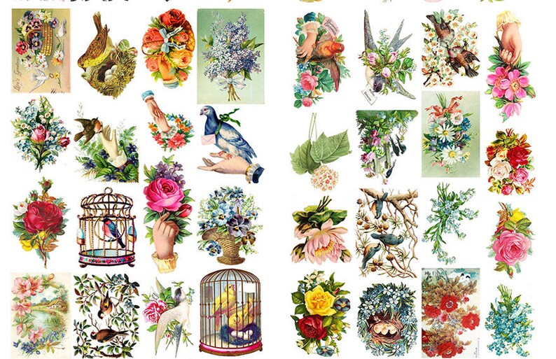 Spring Is In The Air-Vintage Birds,Nests,Eggs And Flowers Die Cut Ephemera Digital Printable Kit,160 Images-10 page Collage Kit,Fussy cut