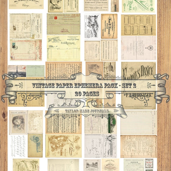 Vintage Paper Ephemera , SET 2 - 20 Page, Junk Journal Kit, Digital Ephemera, Collage Paper, Digital Kit, Junk Journal Ephemera Kit