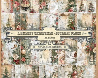 Puede incluir: Una hoja de collage digital con 45 páginas de imágenes vintage con temática navideña. Las imágenes presentan escenas de invierno, arreglos florales y adornos navideños. El texto "A Shabby Christmas - Journal Pages" y "Taylor Made Journals" está incluido en el collage.