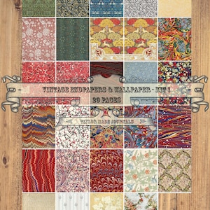 Endpapers & Wallpapers, Junk Journal Kit, SET 1 -30 Page, Digital Junk Journal Kit, Book Makers Vintage Endpapers