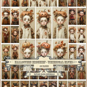 Puede incluir: Un collage de ilustraciones de duendes de Halloween caprichosos. Los duendes tienen piel pálida, orejas puntiagudas y varios accesorios otoñales, incluyendo calabazas y hojas. El texto "Halloween Mischief - Whimsical Elves" está en la imagen.