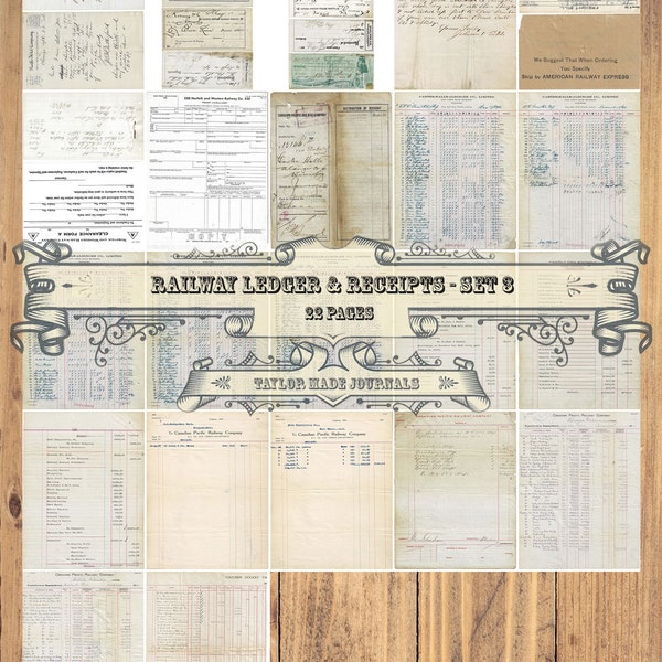 Railway Ledger/Receipts, SET 3 - 22 Pages, Junk Journal Kit, Digital Kit, Printable Ledger Papers, Vintage Ledgers, Ledger, Printable