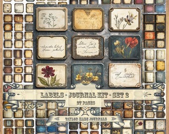 May include: A digital scrapbooking kit with 37 pages of vintage-style labels, featuring floral designs, handwritten text, and distressed textures. The kit is titled "Labels - Journal Kit - Set 3" and includes the text "Taylor Made Journals".