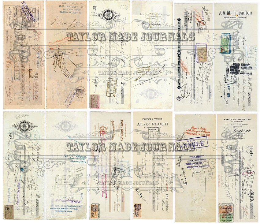 French Cheques, Junk Journal Kit -23 Pages, 2 Cheques per Page, French ...